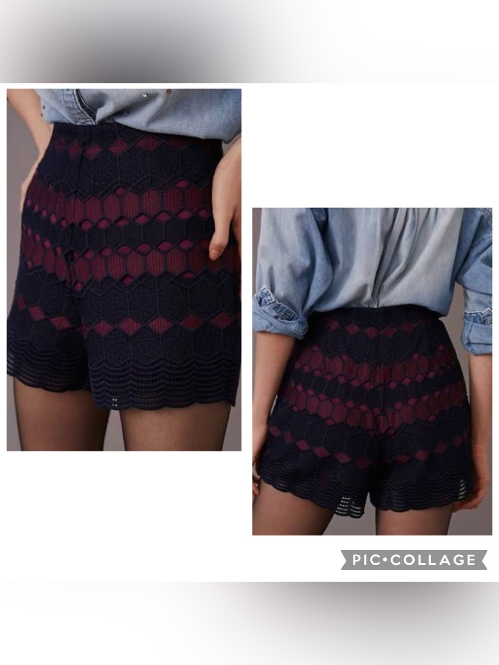 BY ANTHROPOLOGIE Women’s Blue Maroon Lace Overlay Shorts Scallop Hem Lined Sz 4.